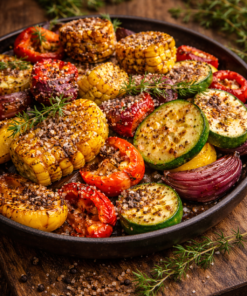 Assiette de légumes grillés: courgettes, poivrons, maïs, oignons rouges avec herbes et épices. Repas sain et coloré.