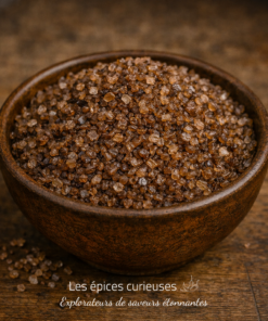 Bol de sel fumé artisanal sur une table en bois, prêt pour rehausser vos plats gourmands.