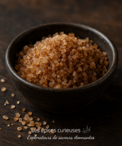 Bol de sucre brun en cristaux sur une table en bois, mettant en valeur sa texture granuleuse et naturelle.