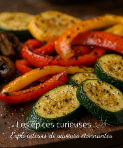 Légumes grillés savoureux : champignons, courgettes, poivrons rouges et jaunes sur une planche en bois.
