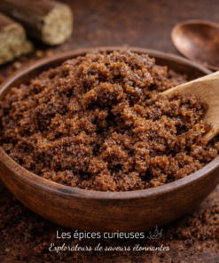 Bol de sucre brun dans une cuillère en bois sur fond rustique, par Les épices curieuses.