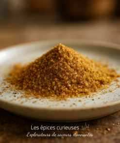 Tas de sucre brun sur une assiette en céramique, éclairage chaleureux, texture granuleuse.