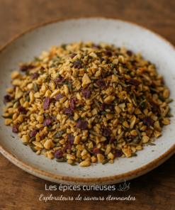 Assiette de granulés d'épices et herbes aromatiques sur fond de table en bois.