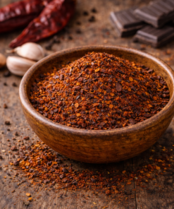Bol de piments rouges moulus avec des ingrédients épicés en arrière-plan sur une table en bois rustique.
