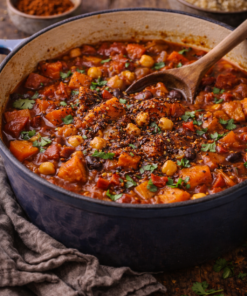 Chaudron de ragoût épicé aux pois chiches et légumes, garni de coriandre fraîche, posé sur une table rustique.