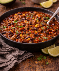 Bol de chili épicé avec haricots noirs, maïs et coriandre, accompagné d'avocat et citron. Repas réconfortant.