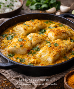 Délicieux curry de poisson dans une poêle noire, garni de coriandre, prêt à être dégusté avec du riz blanc.