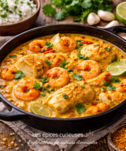 Plat de fruits de mer au curry avec crevettes et citron vert, accompagné de riz. Parfumé et savoureux.