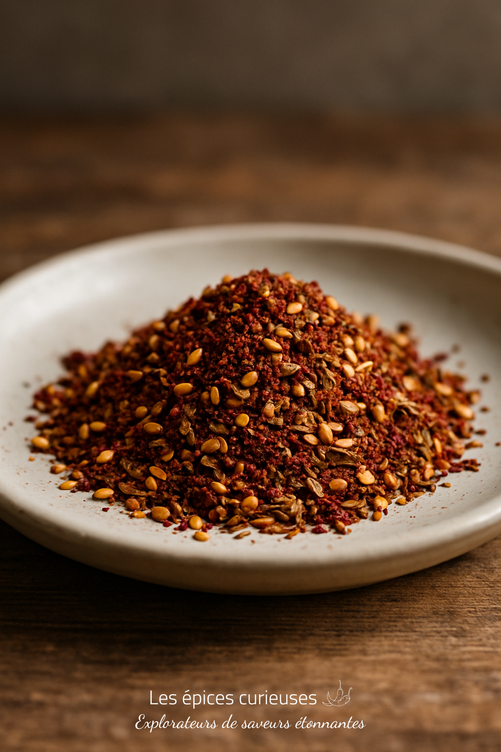 Éclat du Levant Assortiment d'épices variées sur une assiette en céramique, idéal pour rehausser vos plats de saveurs exotiques.