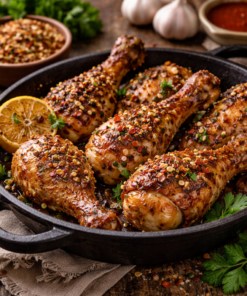 Poulet rôti épicé au citron et herbes dans une poêle en fonte, prêt à être dégusté.