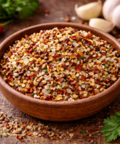 Bol d'épices mélangées sur une table en bois, entouré de gousses d'ail et de persil frais.