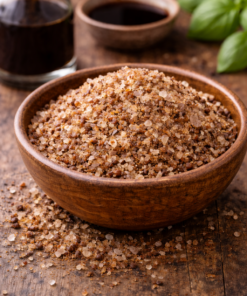 Bol de sel fumé sur table en bois avec vinaigre balsamique en arrière-plan, accentuant l'ambiance rustique.