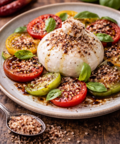 Assiette de burrata crémeuse sur lit de tomates colorées, parsemée de basilic et d'épices gourmandes.