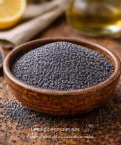 Bol en bois rempli de graines de pavot noires sur une table en bois rustique, avec citron et huile au fond.