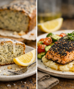 Gâteau citron-pavot et saumon en croûte de sésame-pavot sur purée crémeuse, avec légumes frais.