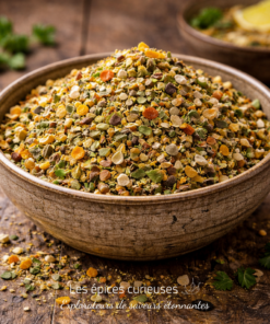 Bol de mélange d'épices variées pour cuisine, offrant une explosion de saveurs colorées sur une table en bois rustique.