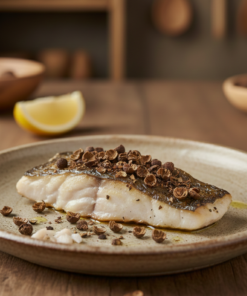 Filet de poisson grillé avec des épices, servi sur un plat, avec un quartier de citron en arrière-plan.