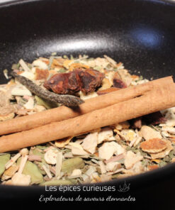 Mélange d'épices en vrac avec bâton de cannelle dans une poêle noire. Parfait pour infusions ou cuisine exotique.