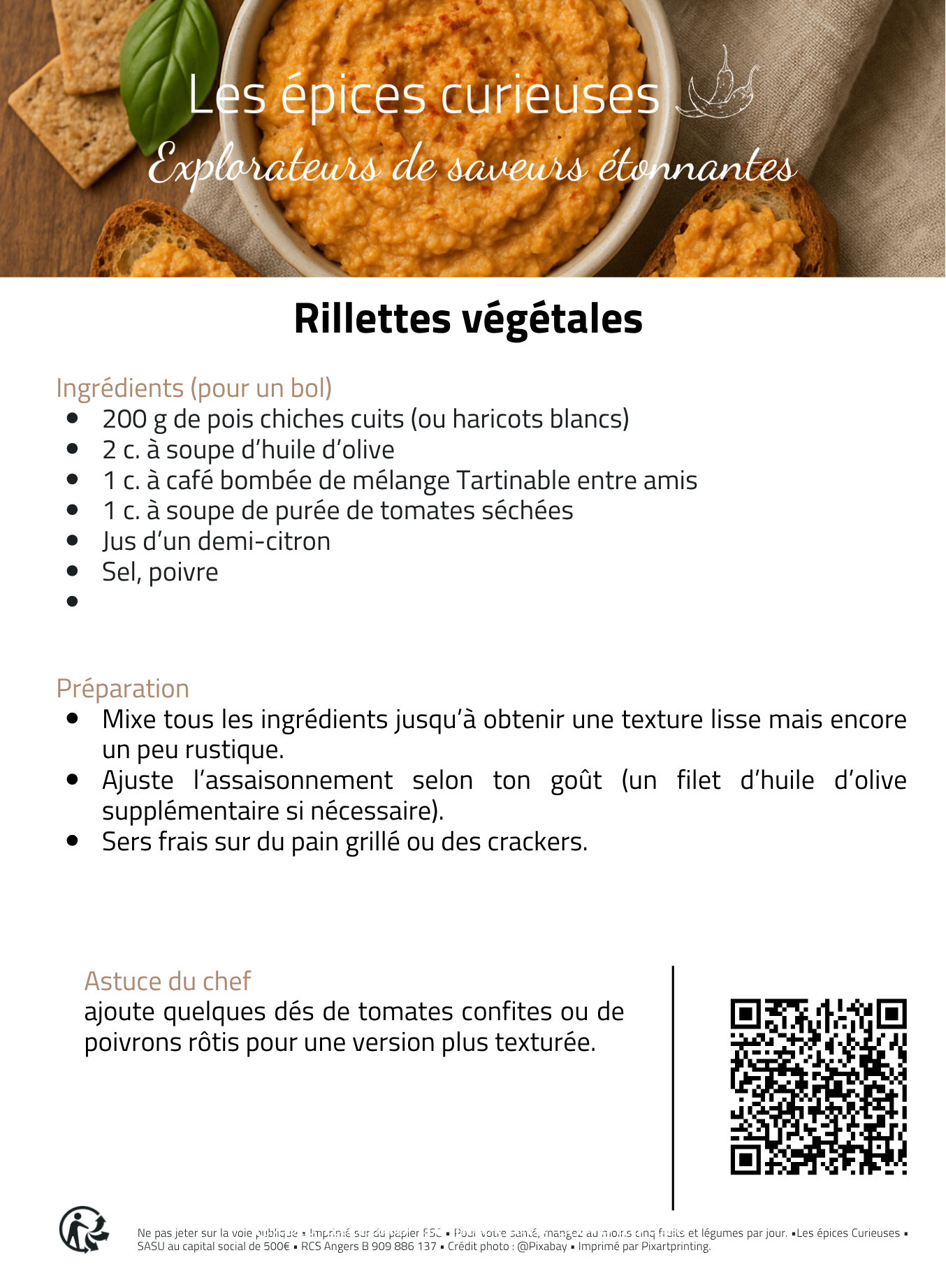2 Recette de rillettes végétales aux pois chiches, idéale avec du pain grillé ou des crackers, par Les Épices Curieuses.