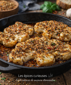 Tranches de chou-fleur grillé aux épices dans une poêle en fonte sur une table en bois.