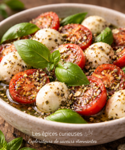 Salade Caprese fraîche avec tomates cerises, mozzarella, basilic et assaisonnement épicé dans un bol en céramique.