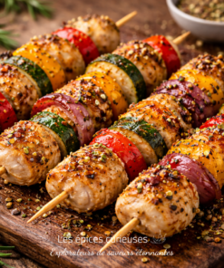 Brochettes de poulet épicées sur planche en bois avec légumes colorés grillés, prêtes à déguster.