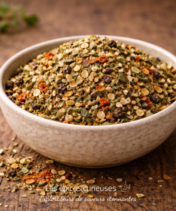 Bol de mélange d'épices coloré sur table en bois, parfait pour assaisonner vos plats.