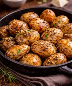 Pommes de terre rôties aux épices dans une poêle en fonte, garnies d'herbes et de grains de moutarde.