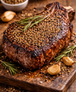Côte de bœuf grillée au poivre, garnie de romarin et d'ail rôti, sur une planche rustique en bois.