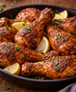 Pilons de poulet grillés épicés avec tranches de citron et persil frais, servis dans une poêle noire.