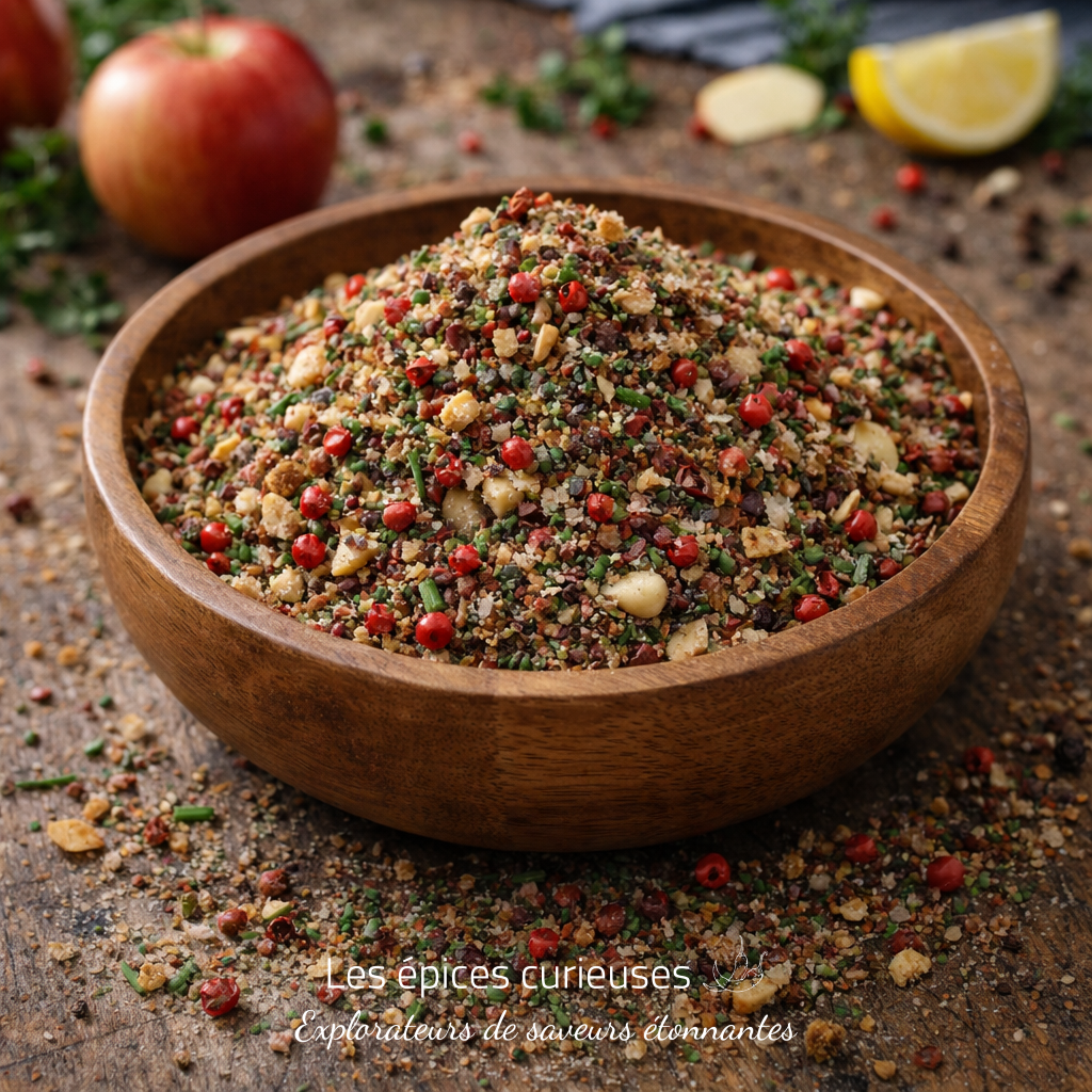 Croquant des prés (3) Bol de Dukkah épicé aux noix et herbes fraîchement préparé sur une table en bois rustique.