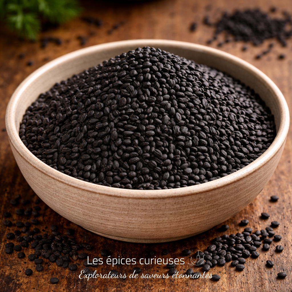Cumin Noir ou Nigelle (1) Bol de graines de basilic noir sur une table en bois pour des recettes saines et nutritionnelles.