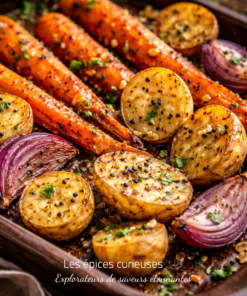 Légumes rôtis au four : carottes, pommes de terre et oignons rouges assaisonnés de fines herbes et épices.