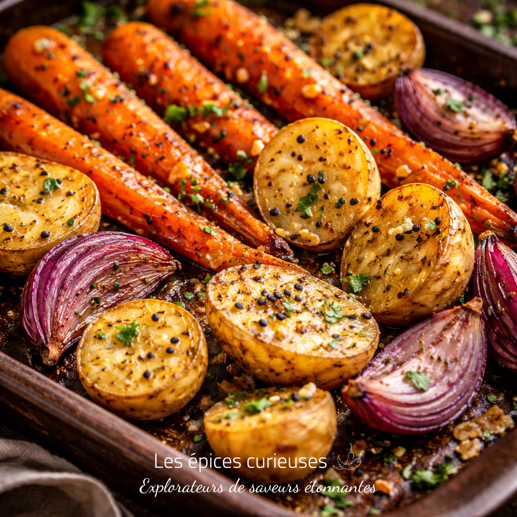 Cumin Noir ou Nigelle (2) Légumes rôtis au four : carottes, pommes de terre et oignons rouges assaisonnés de fines herbes et épices.