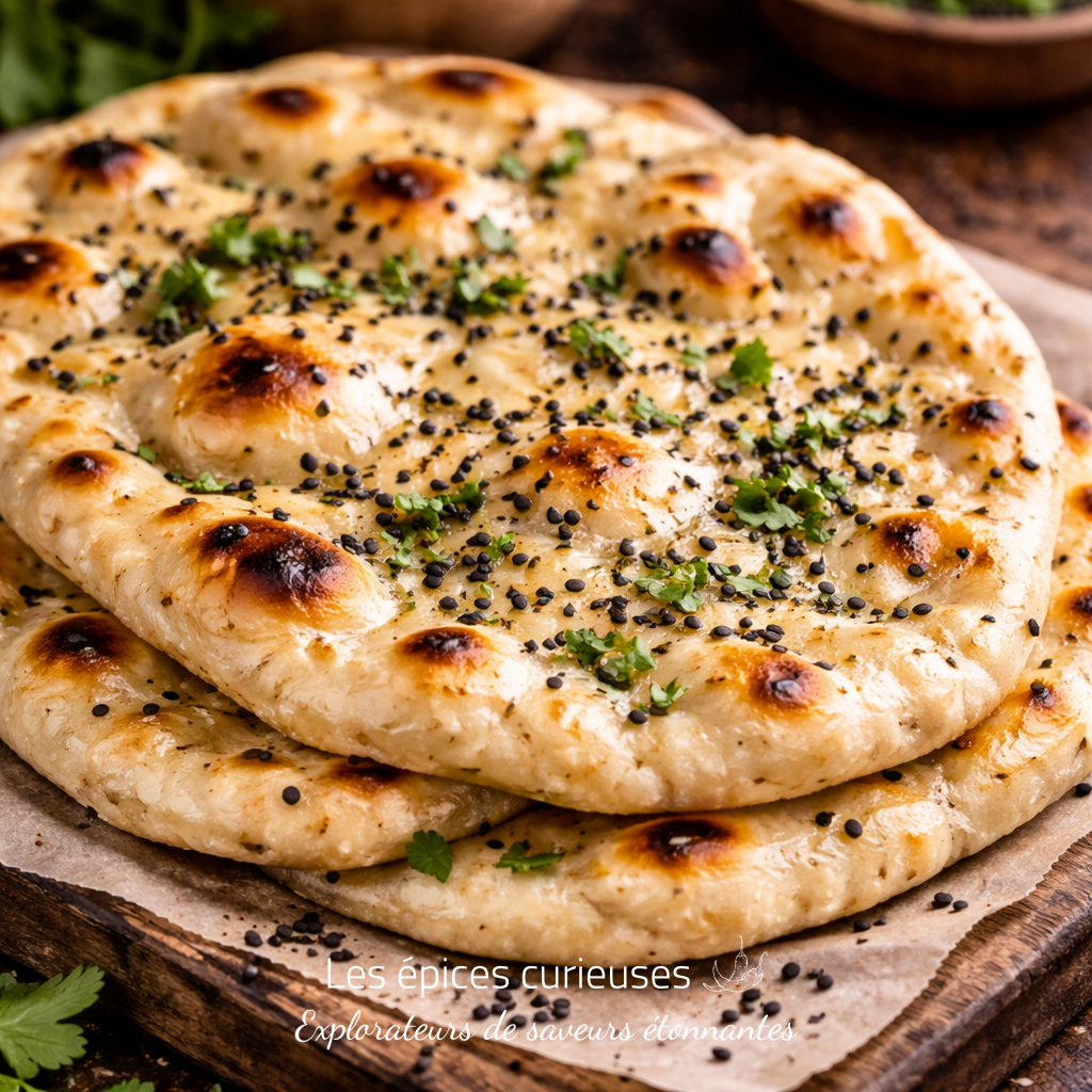 Cumin Noir ou Nigelle (3) Pain naan indien garni de graines et herbes sur une planche de bois. Texture dorée et appétissante.