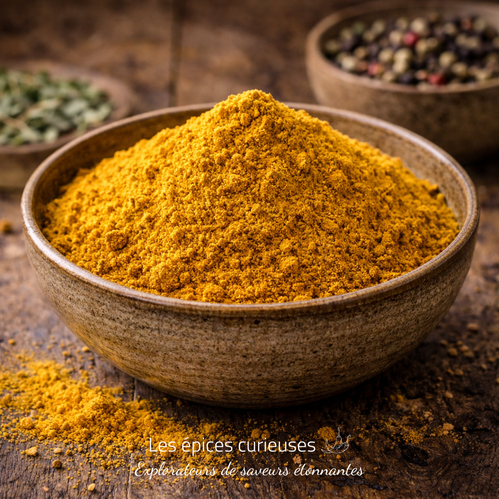 Curry pour légumes – Chaleur douce et épices rondes (1) Bol de poudre de curry sur une table en bois avec des épices en arrière-plan.