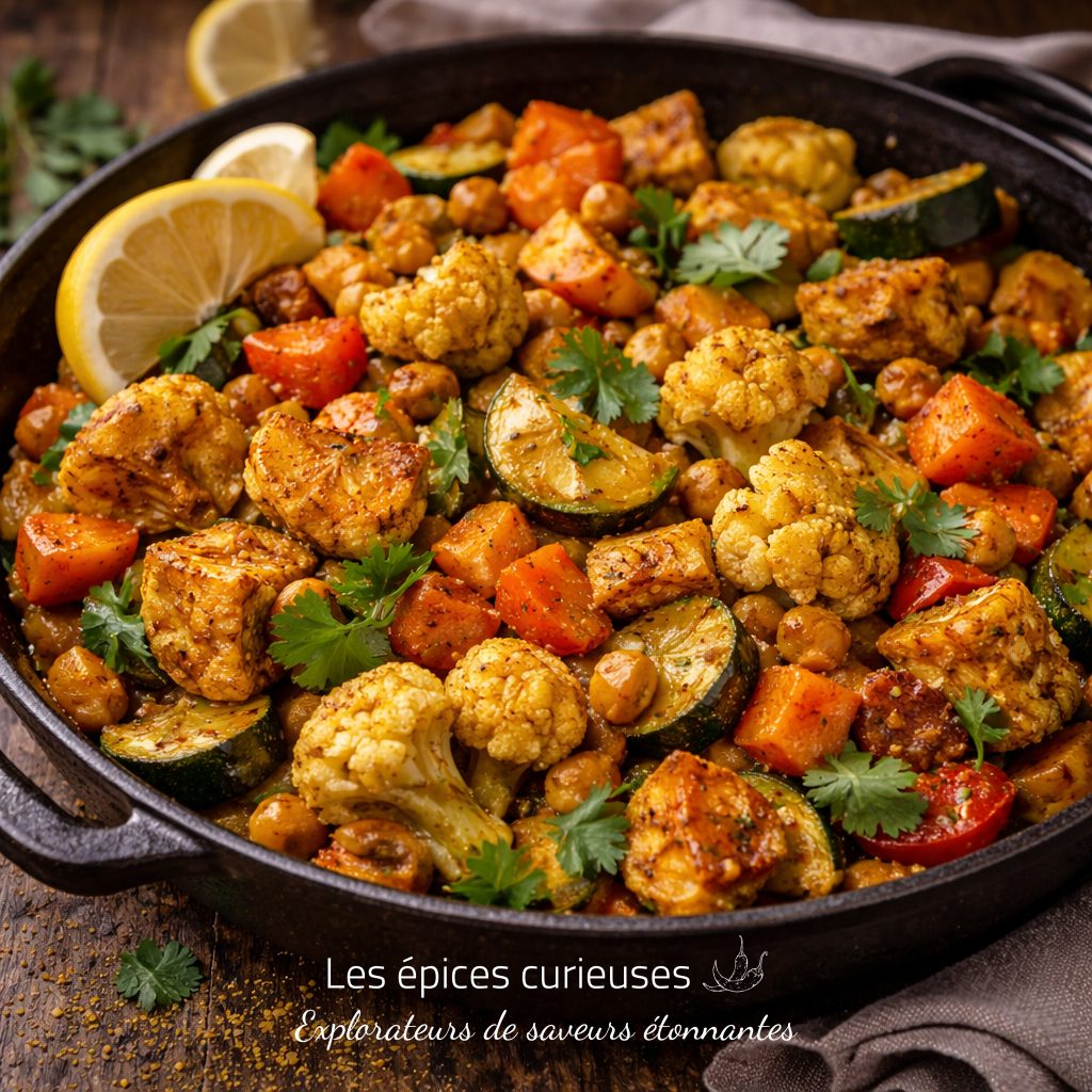 Curry pour légumes – Chaleur douce et épices rondes (2) Plat de légumes rôtis au curry avec pois chiches, chou-fleur et coriandre, garni de citrons pour une touche de fraîcheur.