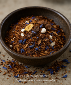 Bol de tisane rooibos aux pétales bleus et morceaux de fruits séchés sur fond neutre.