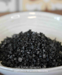 Sel noir de mer dans un bol blanc, parfait pour rehausser vos plats avec une touche exotique et subtile.