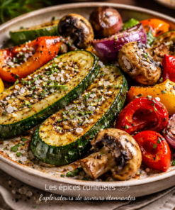 Assiette de légumes grillés : courgettes, poivrons, champignons et oignons rouges, assaisonnés et saupoudrés de sel.
