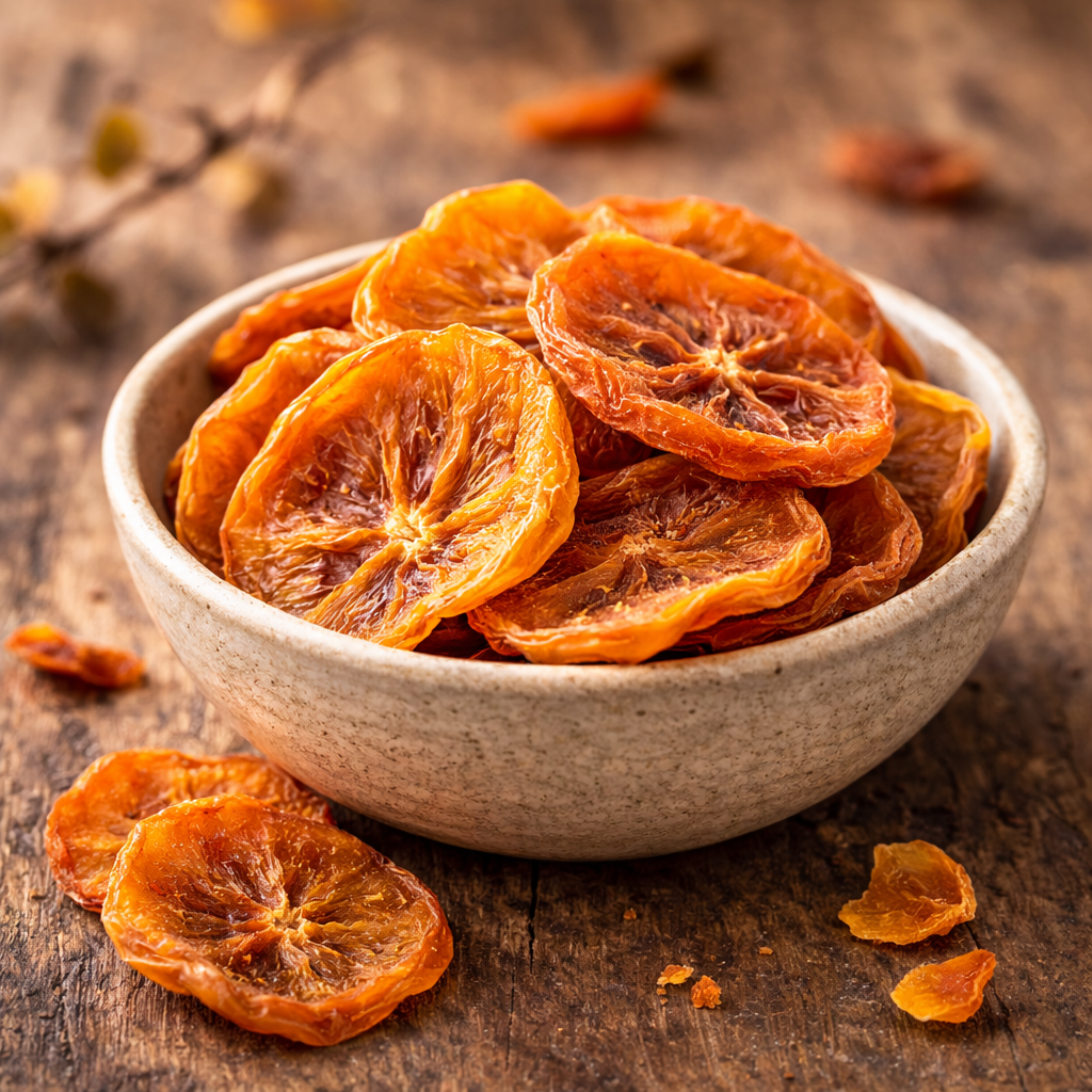 Kakis séchés Moelleux sucré naturellement Tranches d'oranges séchées dans un bol en céramique sur une table en bois, parfaites pour un encas sain et gourmand.