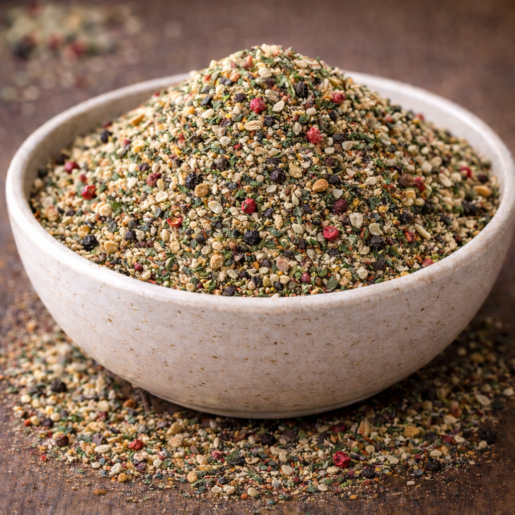 Marinade Bœuf ail & herbes Bol de mélange d'épices variées sur fond rustique, parfait pour rehausser vos plats avec des saveurs riches et colorées.