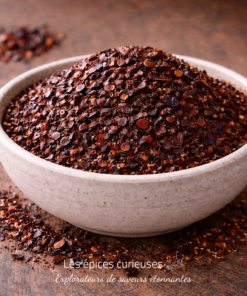 Bol de flocons de piment rouge broyés sur une table en bois, ajout épicé pour rehausser vos plats.