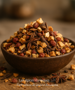 Bol d'épices variées avec anis étoilé, clous de girofle, cubes de fruits secs, ambiance chaleureuse et rustique.