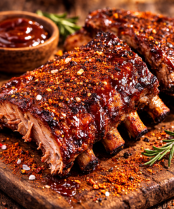 Côtes levées barbecue avec épices et sauce sur planche en bois, garnies de romarin.