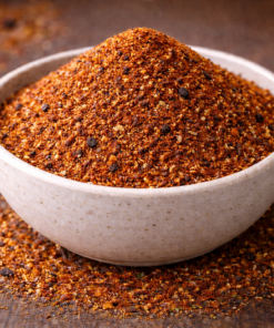 Bol de mélange d'épices rouges sur une table en bois, idéal pour rehausser les saveurs des plats.