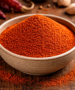 Bol de paprika en poudre sur une table en bois, avec des piments rouges et de l'ail en arrière-plan. Spécialité épicée.
