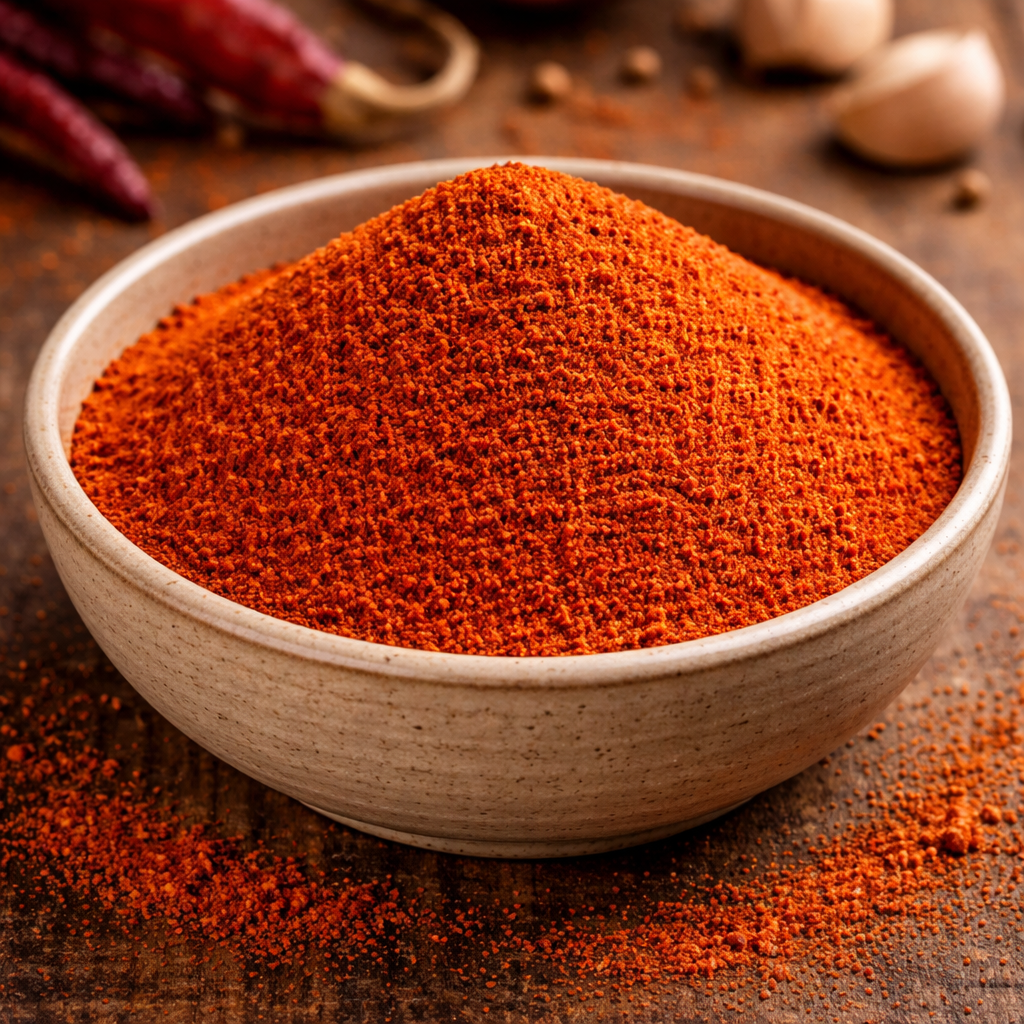 Rouge braisé d’inde (1) Bol de paprika en poudre sur une table en bois, avec des piments rouges et de l'ail en arrière-plan. Spécialité épicée.