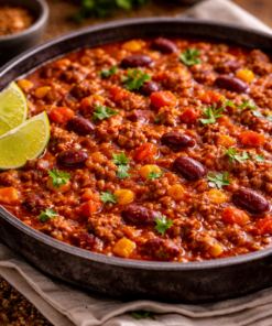 Chili con carne savoureux avec haricots rouges, maïs et citron vert, servi dans un bol en fonte sur une table rustique.