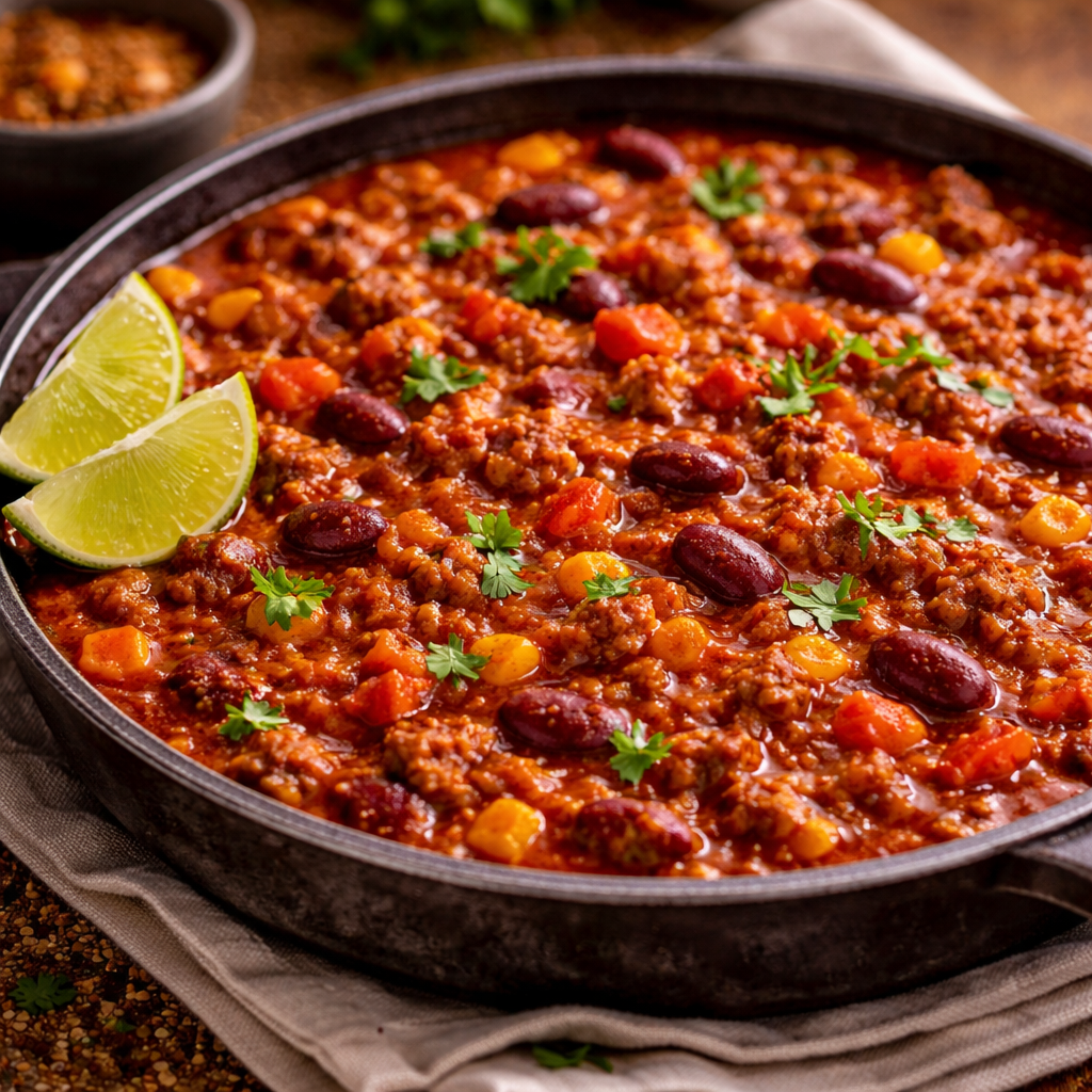 Rouge braisé d’inde (2) Chili con carne savoureux avec haricots rouges, maïs et citron vert, servi dans un bol en fonte sur une table rustique.